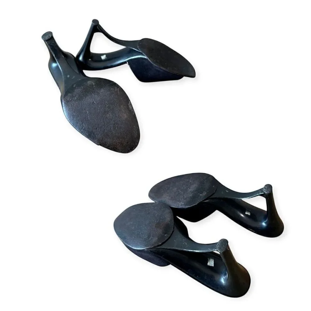 Andrew Geller Black Suede Gold‎ Trim Cutout Wededge Sandals, Vintage,